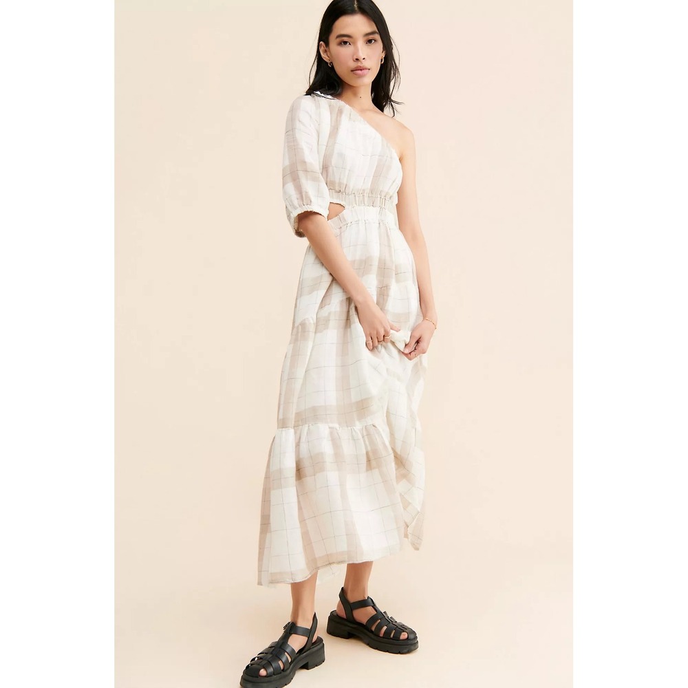 One-Shoulder Cream Plaid Maxi Dress